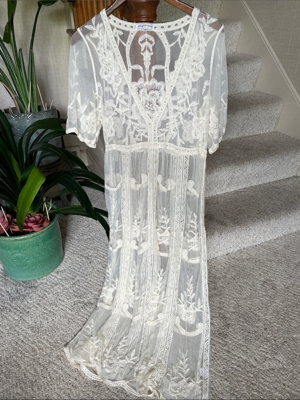 Woven Heart Ivory Sheer Embroidered Boho Lace Swim Dress Cover